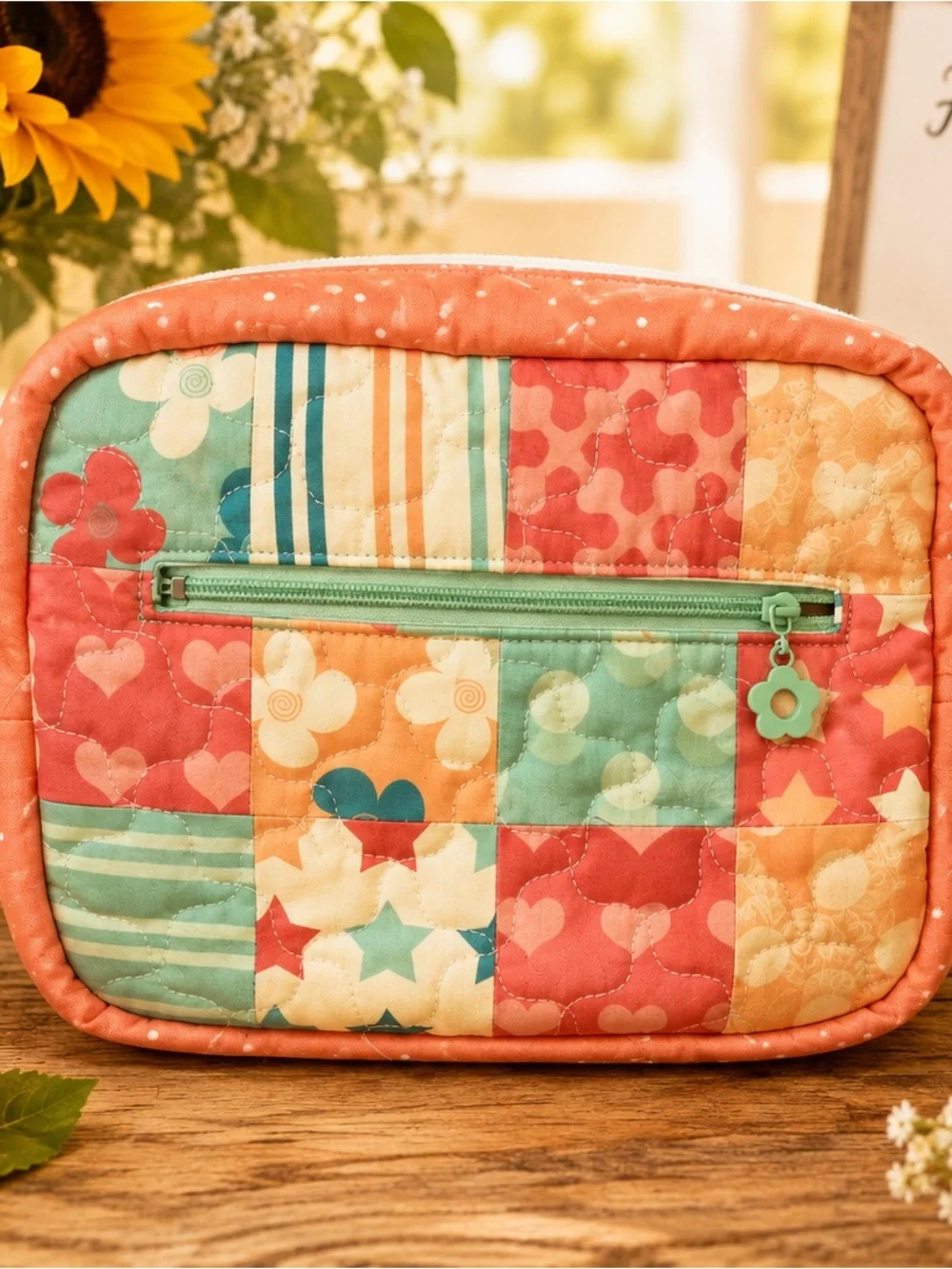 Patchwork Quilted Crossbody Bag in Coral, Teal & Cream